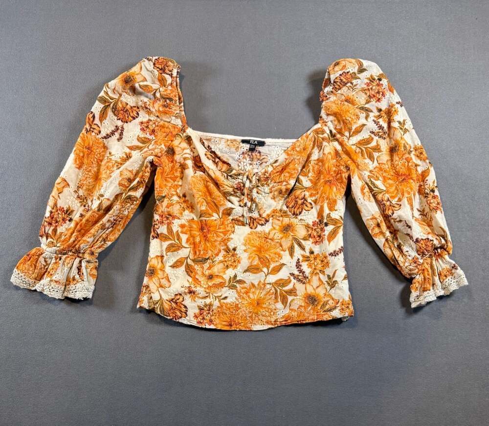Ela Floral Peasant Blouse Size XL Orange White Tie Front Long Sleeve Top